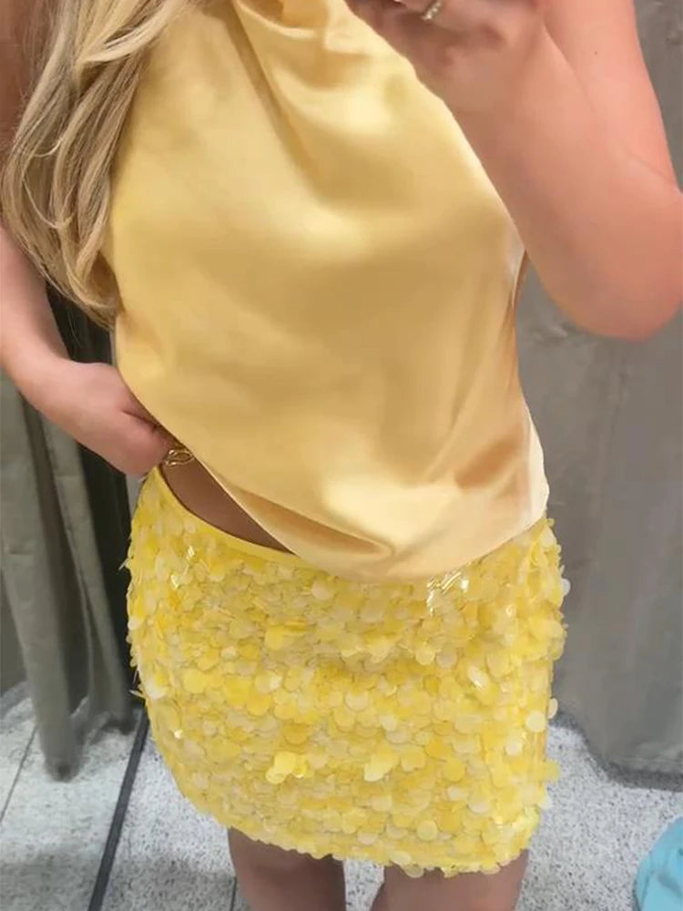 Sexy Sequin Mini Skirt Women Fashion Yellow Party Slim Hip Package Female Skirts 2025 Summer Street Club Bar Shining Lady Skirt