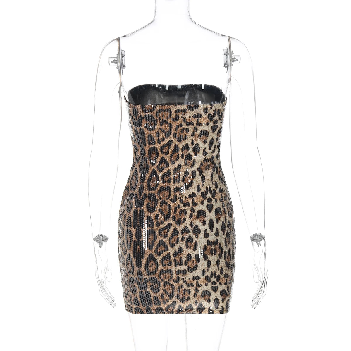 Hugcitar Leopard Print Sequined Strapless Backless Sexy Bodycon Mini Dress 2024 Autumn Women Fashion Y2K Clothes Party Nightclub