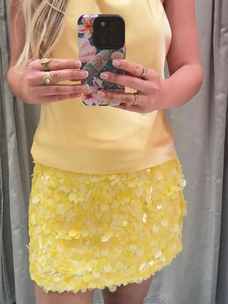 Sexy Sequin Mini Skirt Women Fashion Yellow Party Slim Hip Package Female Skirts 2025 Summer Street Club Bar Shining Lady Skirt