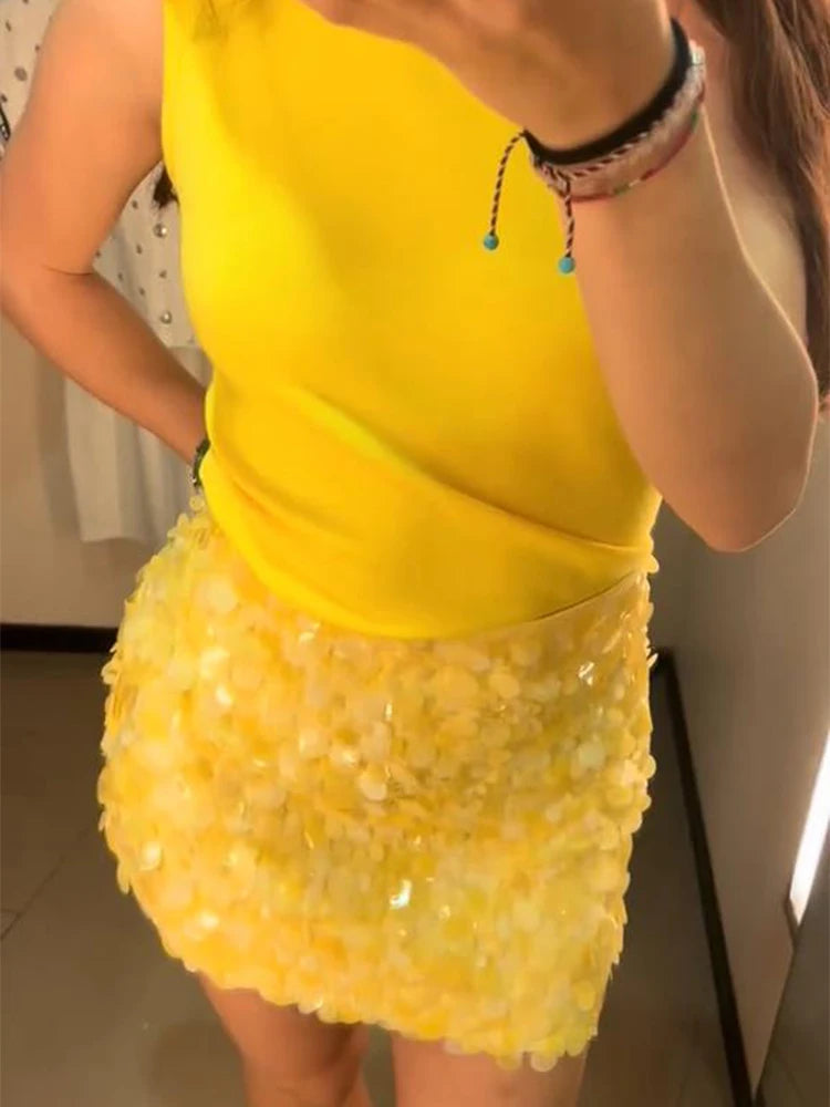 Sexy Sequin Mini Skirt Women Fashion Yellow Party Slim Hip Package Female Skirts 2025 Summer Street Club Bar Shining Lady Skirt