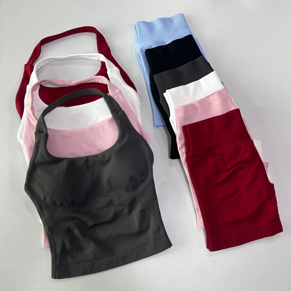No Logo 2 Pieces Gym Set Women Backless Halter Tops High Waist Seamless Shorts Gym Suit Fitness Clothes Sportswear Workout Sets