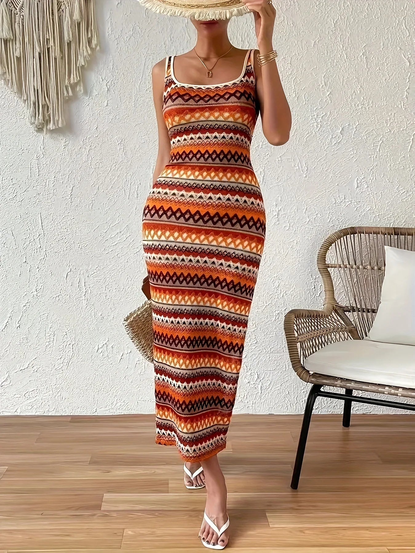 Geometric pattern tassel fashion simple dress elegant sleeveless slim dress spring and summer women