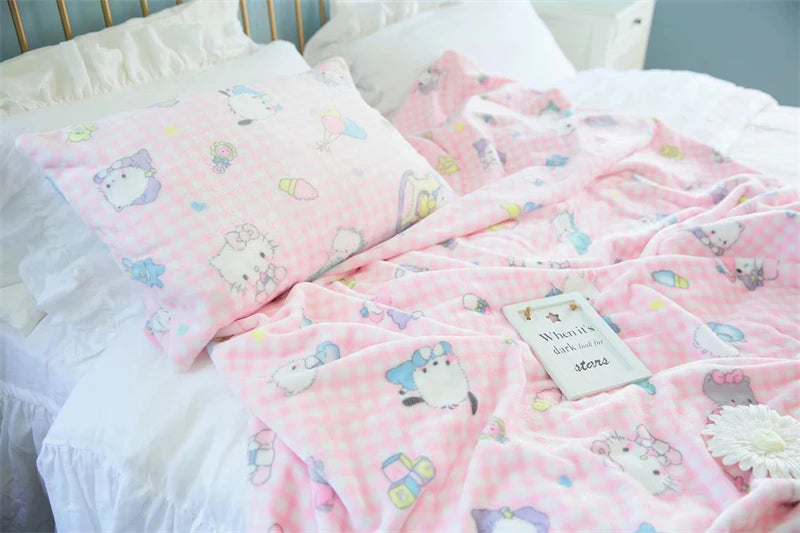 Cute Pink Cat Blanket Warm Flannel Blanket Pillowcase Japanese Style Pattern Printing Blanket Bedspread Bedroom Girl