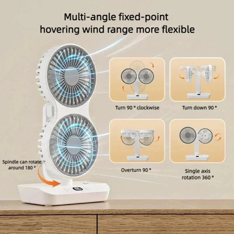 Double Head Desktop Fan: 4-Speed Fast Cooling, 8000mAh Battery Digital Display Adjustable Directions Shaking Function for Househ