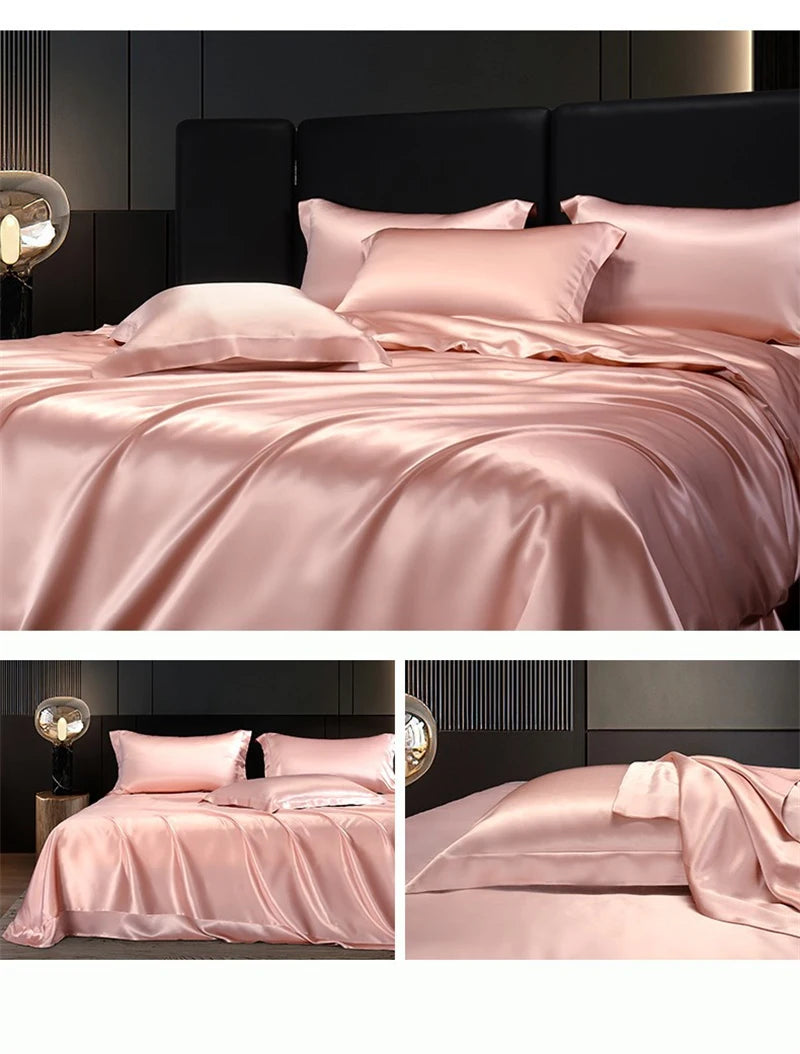 Solid 4pcs Silk Bedding Set with Duvet Cover Fitted/Flat Bed Sheet Pillowcase Bedspreads and Coverlets  Single Double Bedsheet