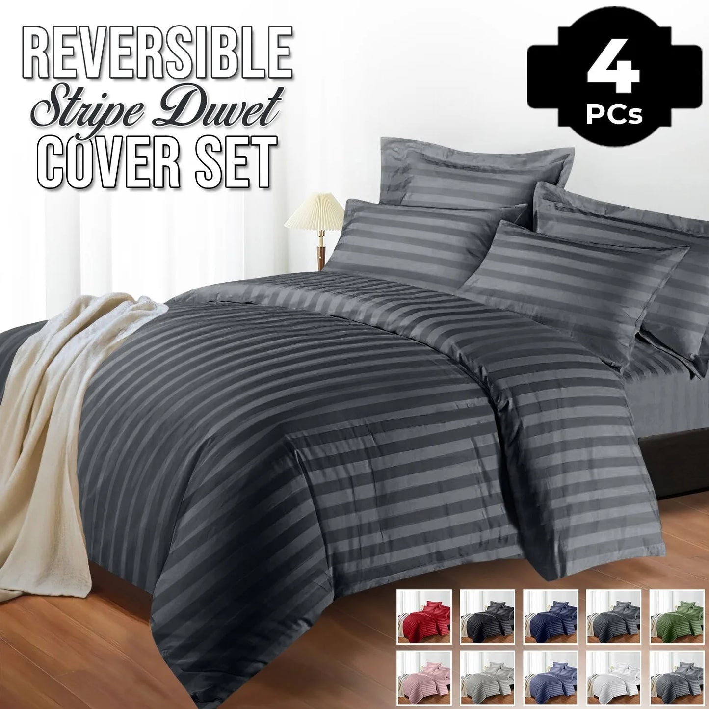 4-Piece Striped Print Duvet Cover Set – Hotel-Quality Soft & Breathable Microfiber Bedding Set with Fitted Sheet, Duvet Cover &