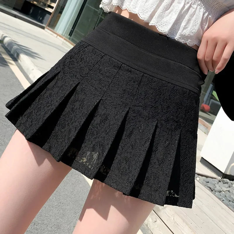 A Line Mini Skirt New Ultra-short Mini Pants Elastic Waist Joker Lace Pleated  Sexy  Fashion Black White Skirt