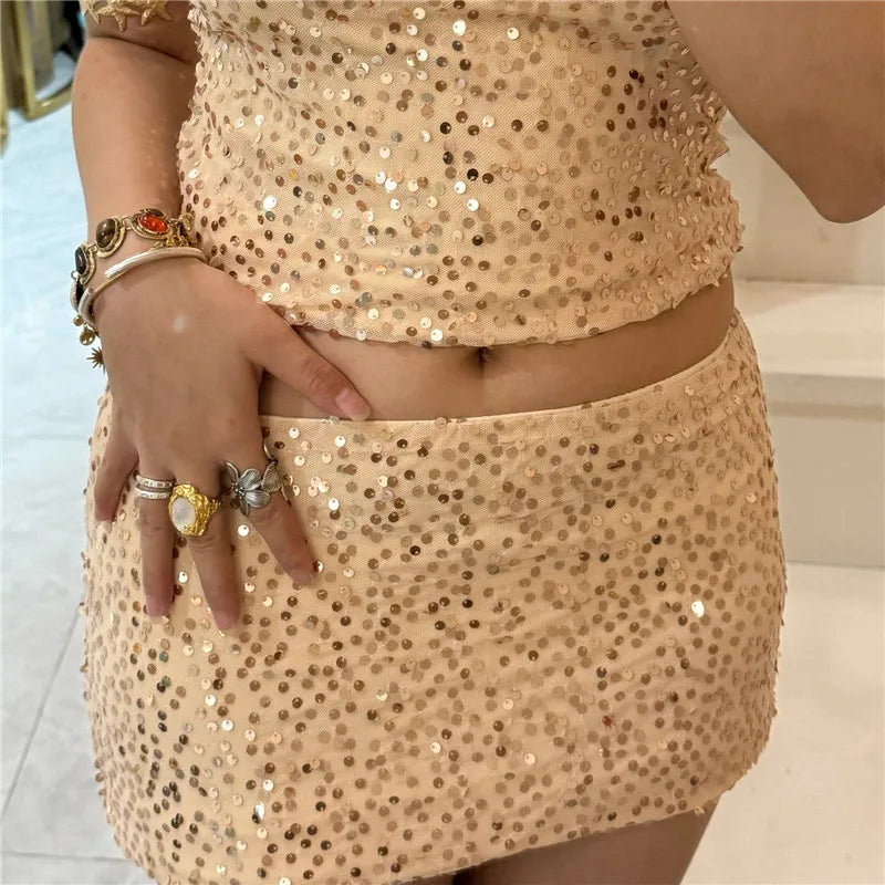hirigin Women Y2K Sparkly Sequin Mini Skirt Side Tie-up Low Waist Pencil Skirt Glitter Festival Rave Short Skirts Party Clubwear