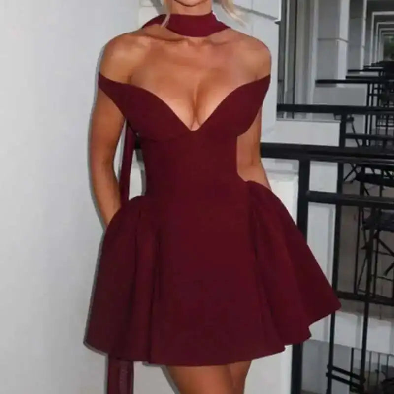 Avrilyaan Deep V Off Shoulder Backless Sexy A-line Dress Women Elegant Party Dress Slash Neck Bodycon Mini Summer Dress Vestidos