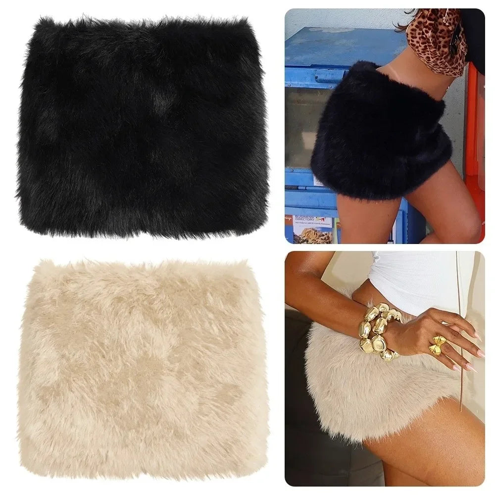 Fashion Luxury Hip Skirt Artificial Fur Low Rise Mini Skirt Furry Vintage Pencil Skirt for Women