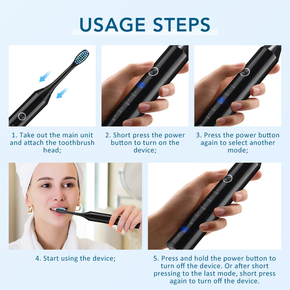 Sonic Electric Toothbrush Smart Ultrasonic Dental Teeth Whitening Rechargeable Adult Tooth Brush With 6 Modes and 4 Brush Heads