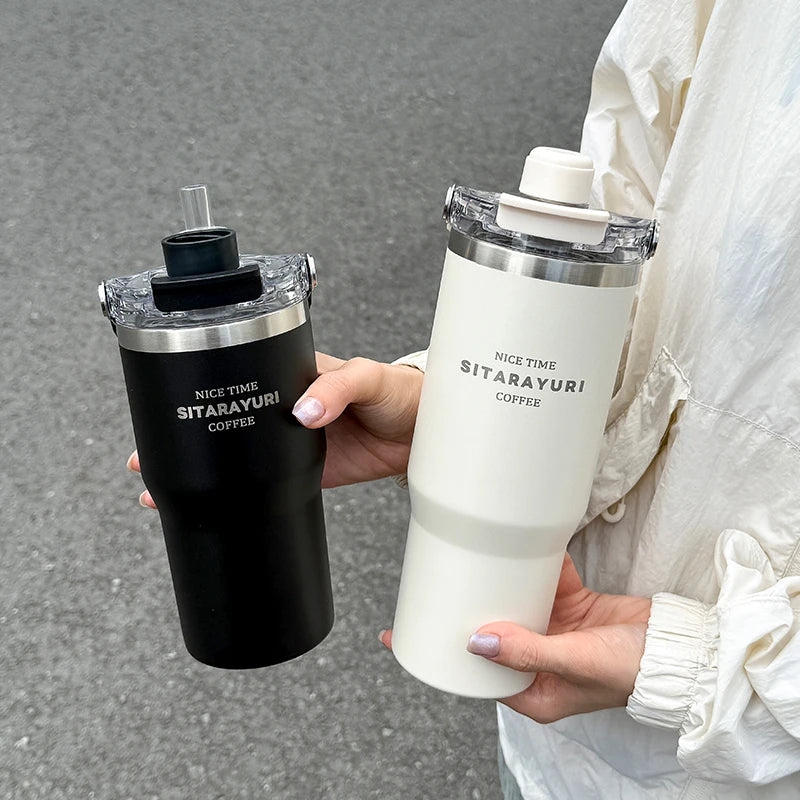 1pc Magnetic Suction Lid Double-layer Vacuum Insulated Water Bottle 600ml/900ml Wide Handle Portable  Outdoorulation Drinkware