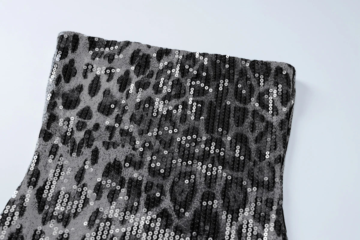 Hugcitar Leopard Print Sequined Strapless Backless Sexy Bodycon Mini Dress 2024 Autumn Women Fashion Y2K Clothes Party Nightclub