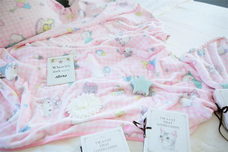 Cute Pink Cat Blanket Warm Flannel Blanket Pillowcase Japanese Style Pattern Printing Blanket Bedspread Bedroom Girl