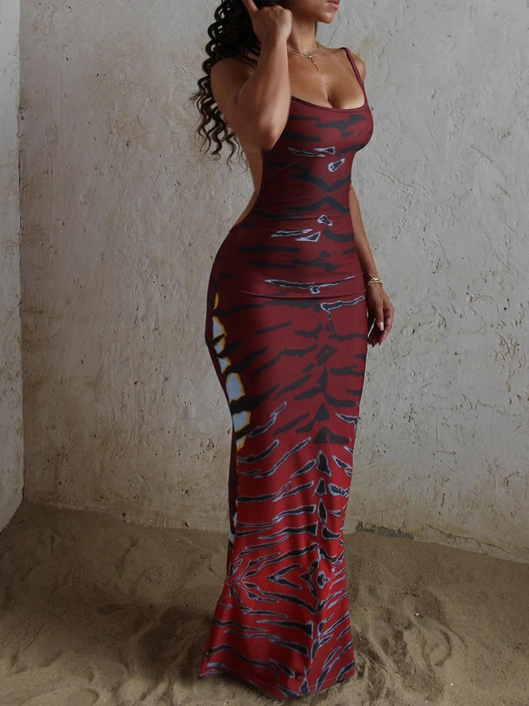 Weird Puss Backless Maxi Dress Women Sleeveless Leopard Print Sexy Skinny Clubwear Stretch Tight Beach Vacation Slim Vestidos