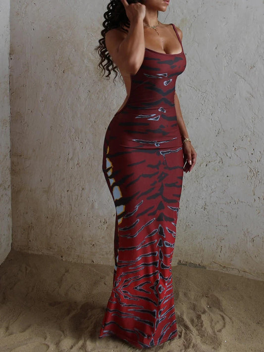Weird Puss Backless Maxi Dress Women Sleeveless Leopard Print Sexy Skinny Clubwear Stretch Tight Beach Vacation Slim Vestidos