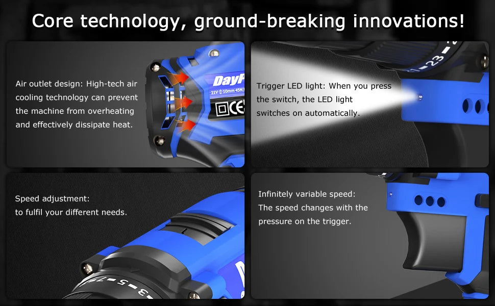 Cordless Drill Kit Electric Screwdriver Kit, 45Nm Cordless Combination Drill, LED Work Light, Home and Garden DIY Project Kit