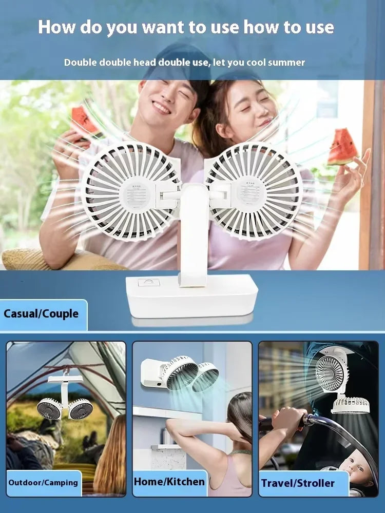 Double Head Desktop Fan: 4-Speed Fast Cooling, 8000mAh Battery Digital Display Adjustable Directions Shaking Function for Househ