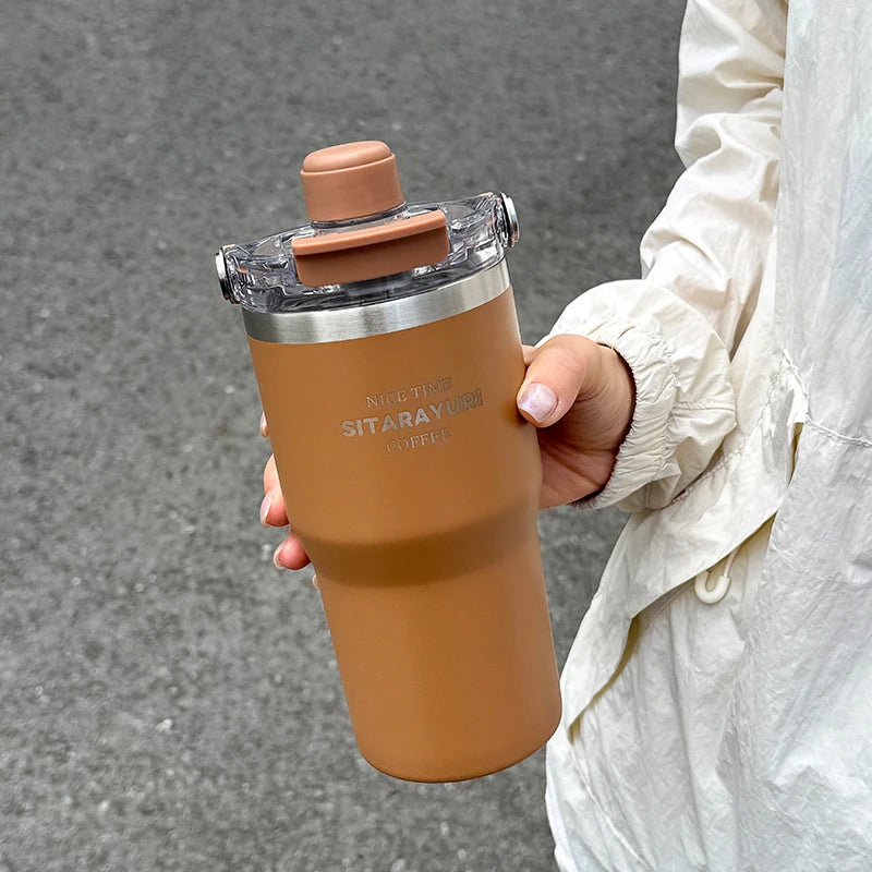 1pc Magnetic Suction Lid Double-layer Vacuum Insulated Water Bottle 600ml/900ml Wide Handle Portable  Outdoorulation Drinkware