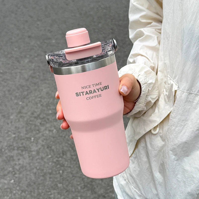 1pc Magnetic Suction Lid Double-layer Vacuum Insulated Water Bottle 600ml/900ml Wide Handle Portable  Outdoorulation Drinkware