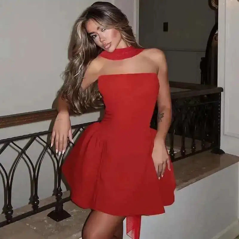 Townlike Waist Wrap A-line Pleated Dress Women Halter Mini 2024 Summer Dress V Neck Backless Nightclub Sexy Party Dresses