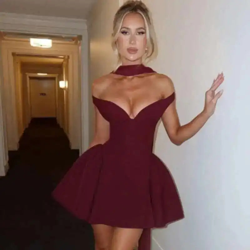 Avrilyaan Deep V Off Shoulder Backless Sexy A-line Dress Women Elegant Party Dress Slash Neck Bodycon Mini Summer Dress Vestidos