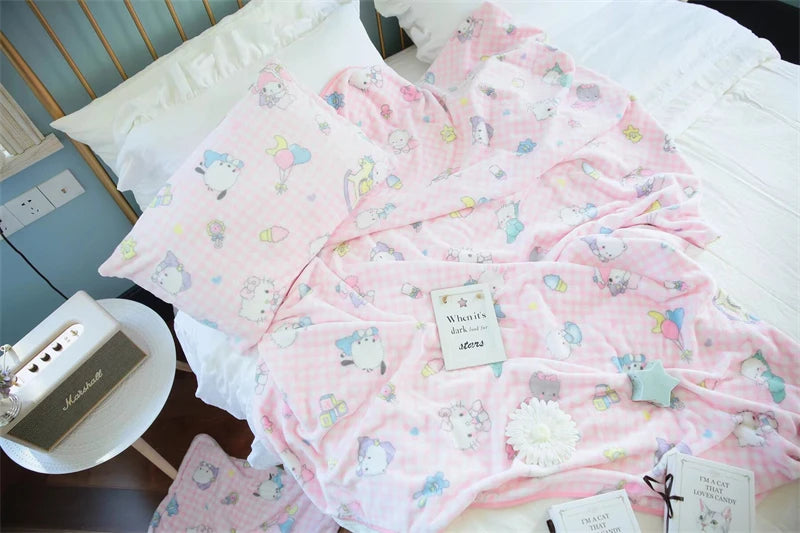 Cute Pink Cat Blanket Warm Flannel Blanket Pillowcase Japanese Style Pattern Printing Blanket Bedspread Bedroom Girl