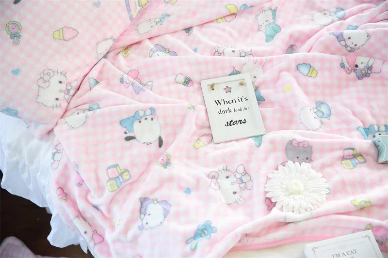 Cute Pink Cat Blanket Warm Flannel Blanket Pillowcase Japanese Style Pattern Printing Blanket Bedspread Bedroom Girl