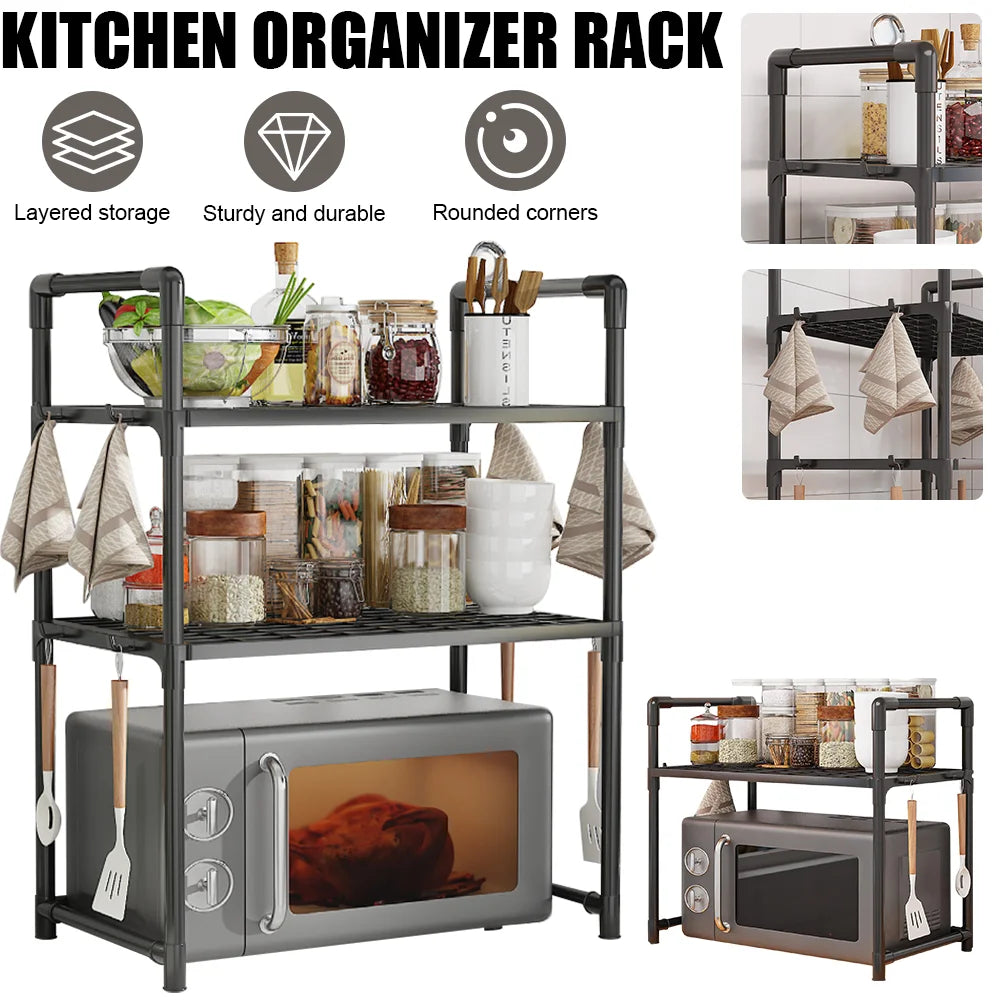 Sturdy Multi-Tier Kitchen Storage Rack with Handles, Durable Organizer with Side Hooks, Metal Frame Rack, Modern Kitchen Rack