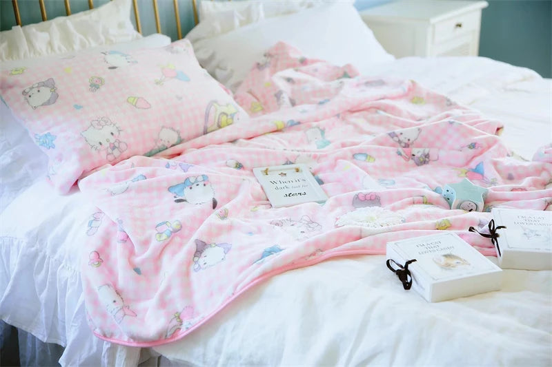 Cute Pink Cat Blanket Warm Flannel Blanket Pillowcase Japanese Style Pattern Printing Blanket Bedspread Bedroom Girl