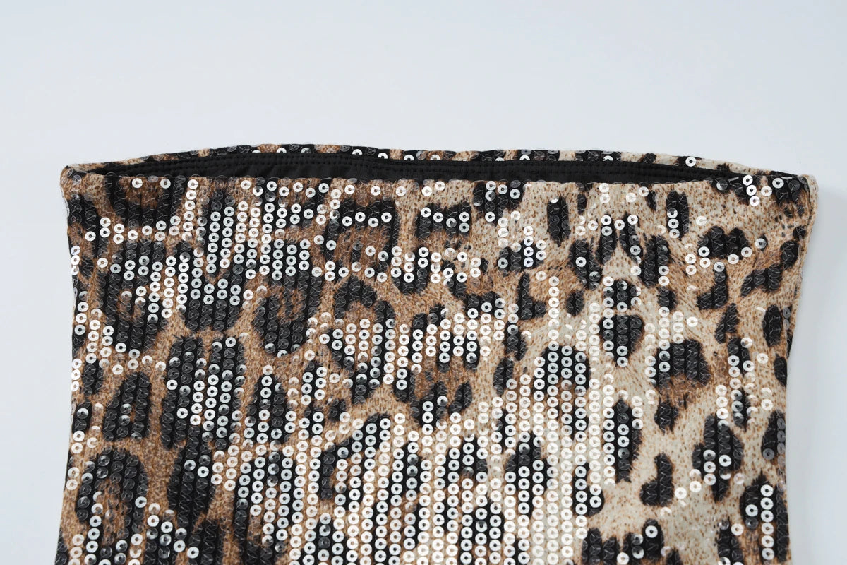 Hugcitar Leopard Print Sequined Strapless Backless Sexy Bodycon Mini Dress 2024 Autumn Women Fashion Y2K Clothes Party Nightclub