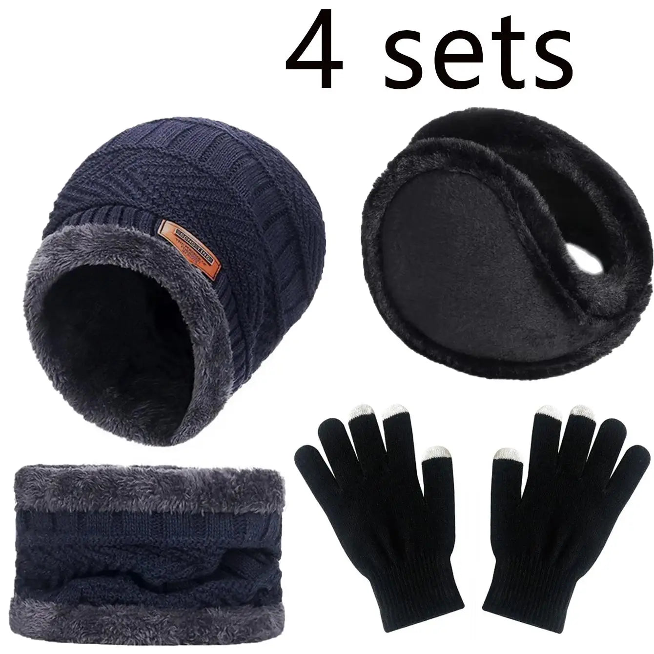 4pcs sets Winter Warm Velvet men Hat Scarf Gloves Set For men and women Girls Outdoor Riding Hat Beanies Neck Protection Scarf C
