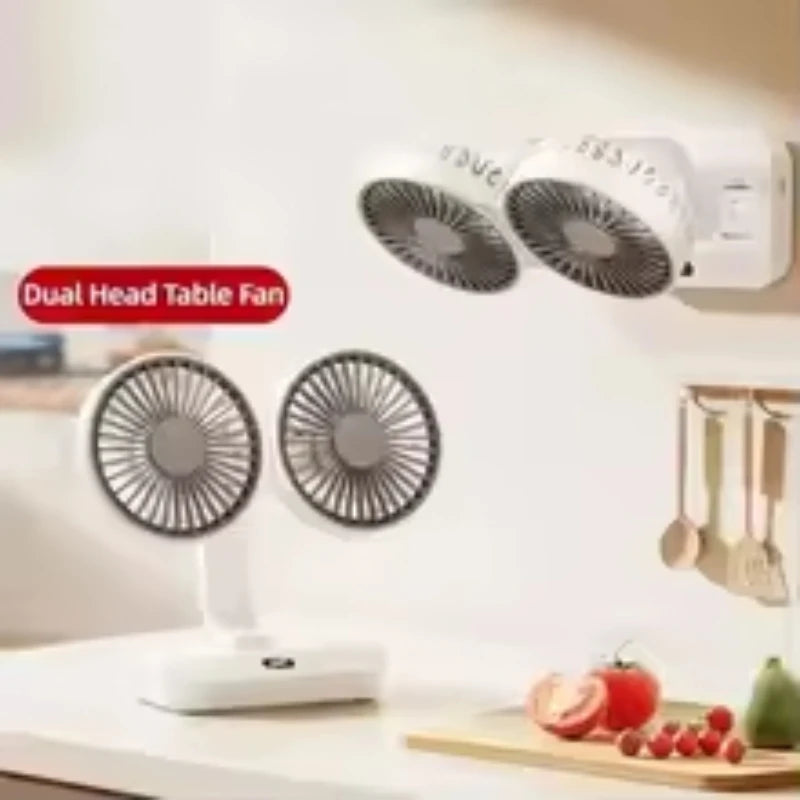Double Head Desktop Fan: 4-Speed Fast Cooling, 8000mAh Battery Digital Display Adjustable Directions Shaking Function for Househ