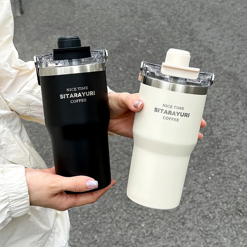 1pc Magnetic Suction Lid Double-layer Vacuum Insulated Water Bottle 600ml/900ml Wide Handle Portable  Outdoorulation Drinkware