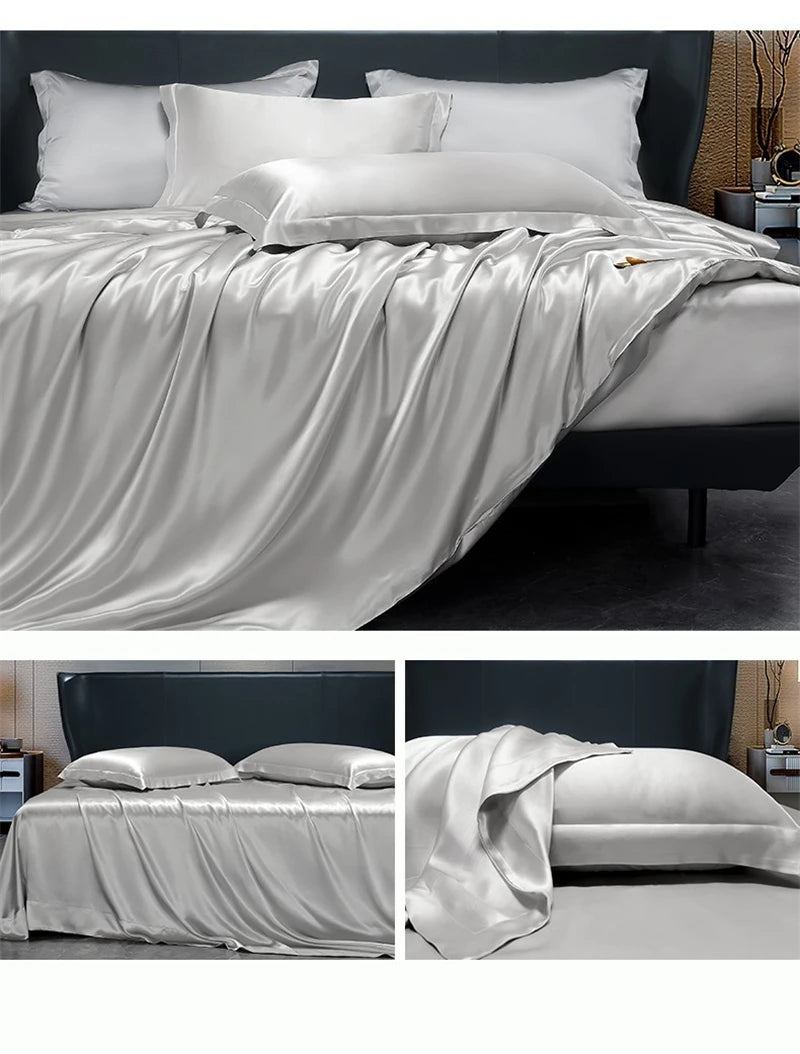 Solid 4pcs Silk Bedding Set with Duvet Cover Fitted/Flat Bed Sheet Pillowcase Bedspreads and Coverlets  Single Double Bedsheet