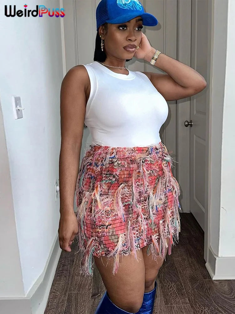 Colorful Tassel Skirts Peach Hip Women Thin Knit Wild Sexy Midnight Summer Trend Stretch Skinny Streetwear Bodycon