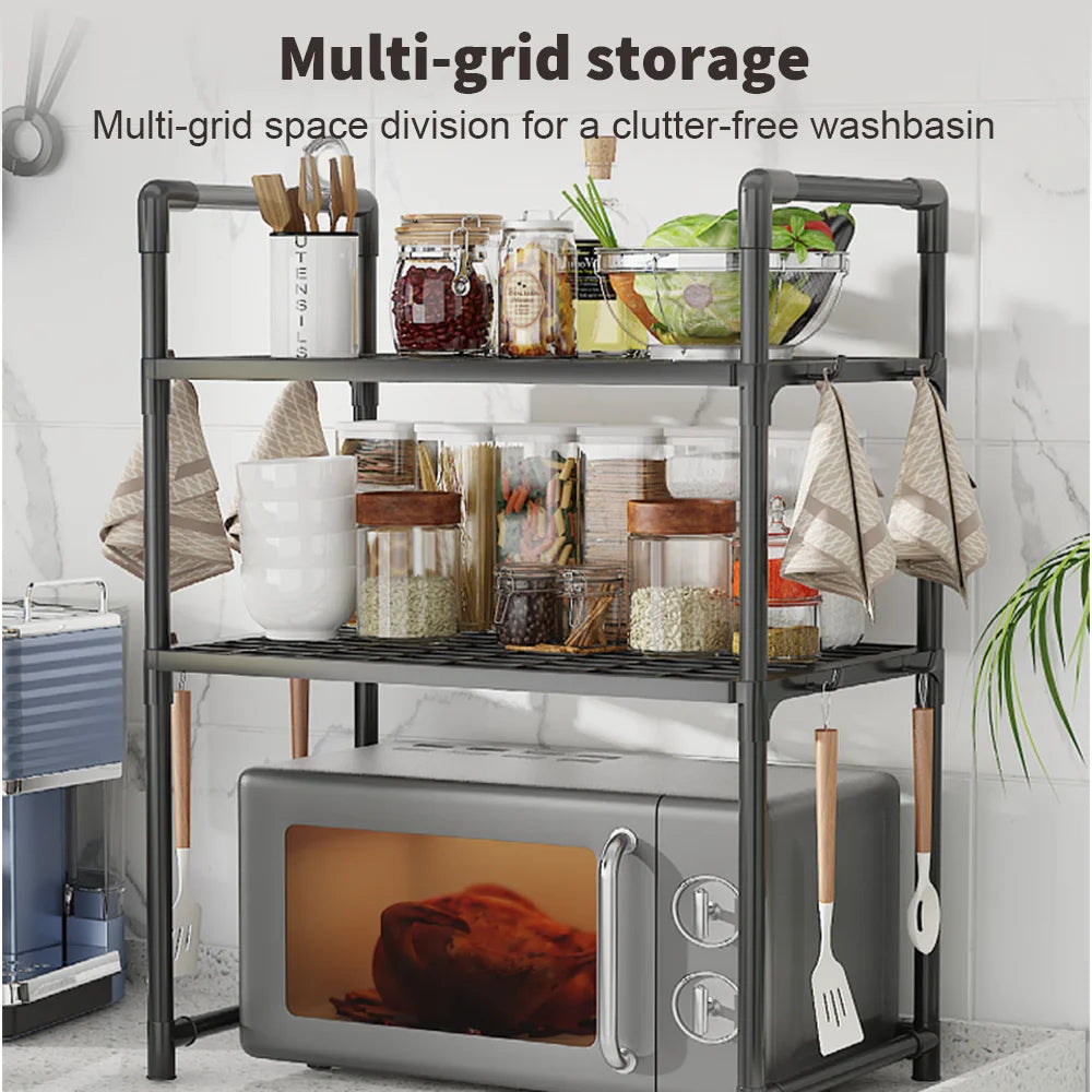 Sturdy Multi-Tier Kitchen Storage Rack with Handles, Durable Organizer with Side Hooks, Metal Frame Rack, Modern Kitchen Rack