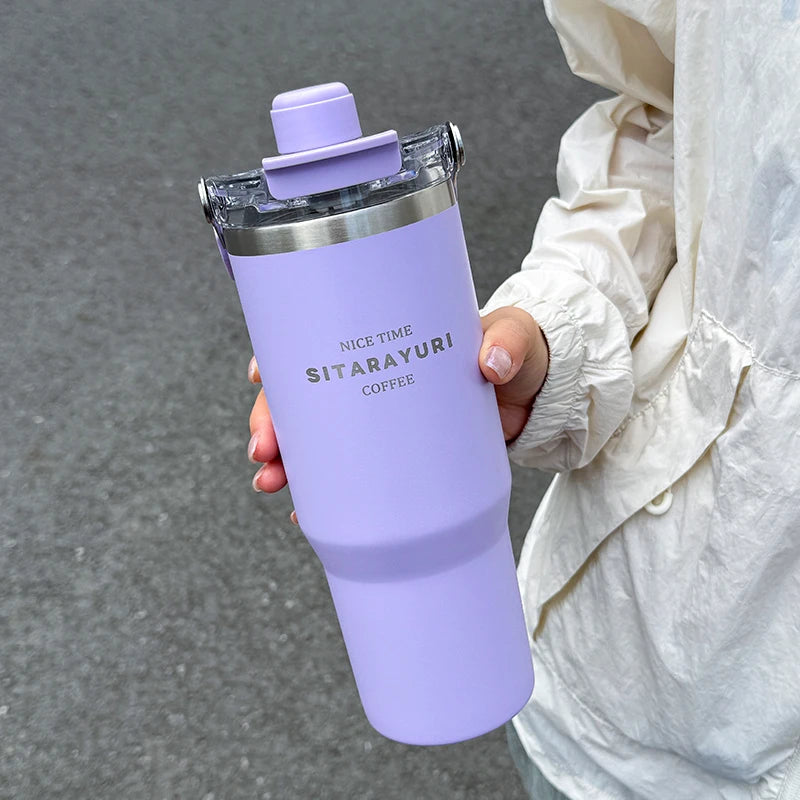 1pc Magnetic Suction Lid Double-layer Vacuum Insulated Water Bottle 600ml/900ml Wide Handle Portable  Outdoorulation Drinkware