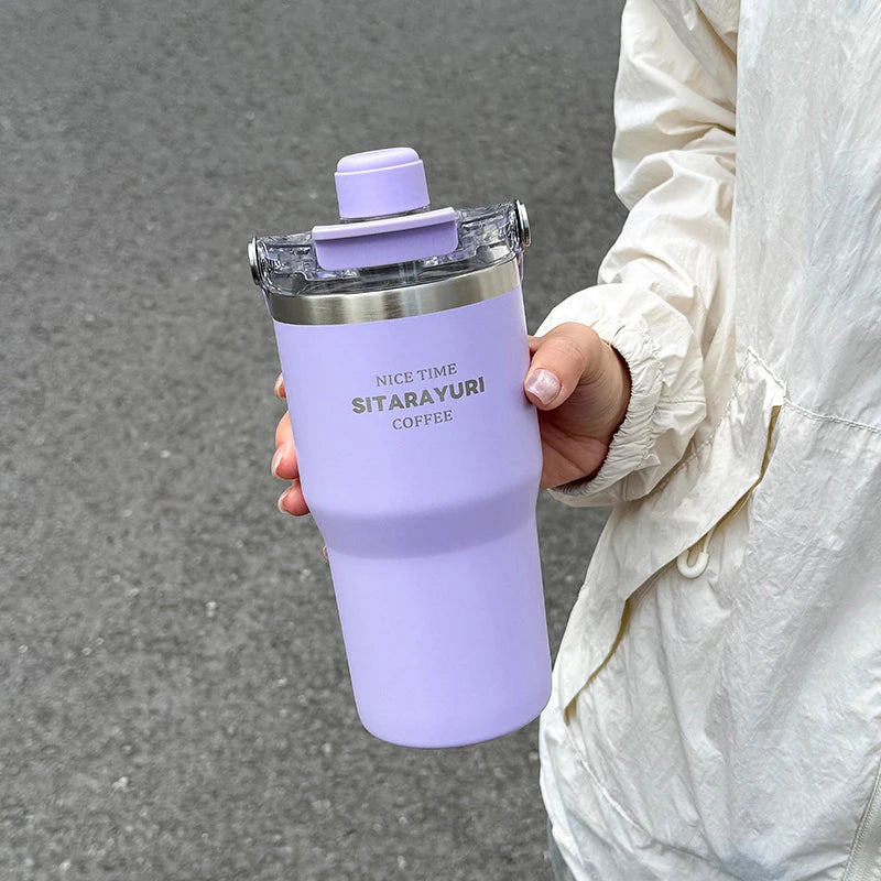 1pc Magnetic Suction Lid Double-layer Vacuum Insulated Water Bottle 600ml/900ml Wide Handle Portable  Outdoorulation Drinkware