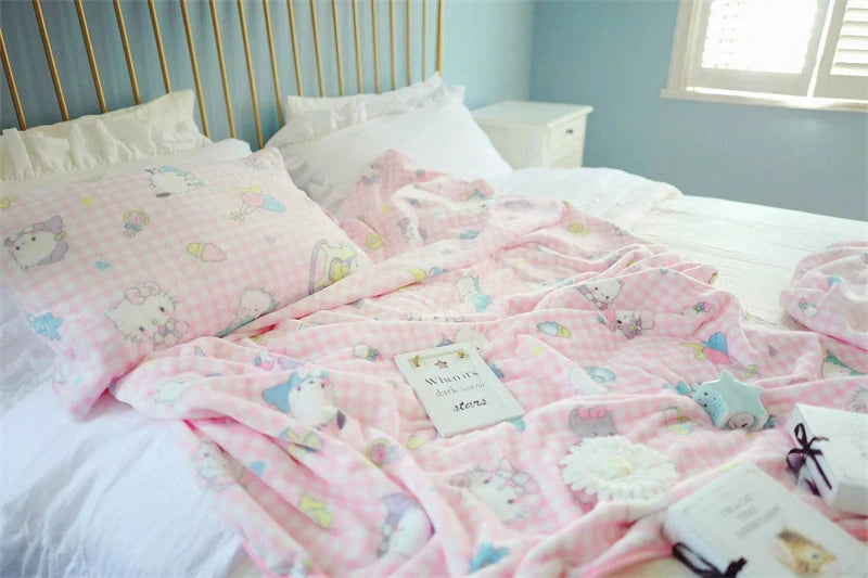 Cute Pink Cat Blanket Warm Flannel Blanket Pillowcase Japanese Style Pattern Printing Blanket Bedspread Bedroom Girl