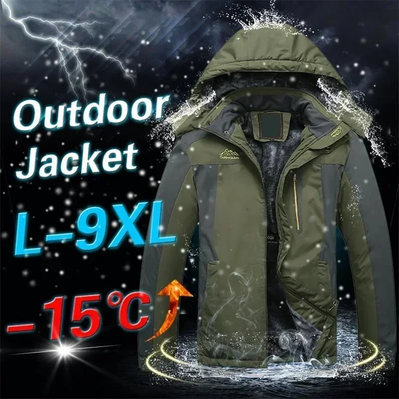 Men's Jacket Winter Outdoor Warm Men's Gorpcore Waterproof Thick Fleece Parka Snow Hiking Casual Windproof Hooded Coat