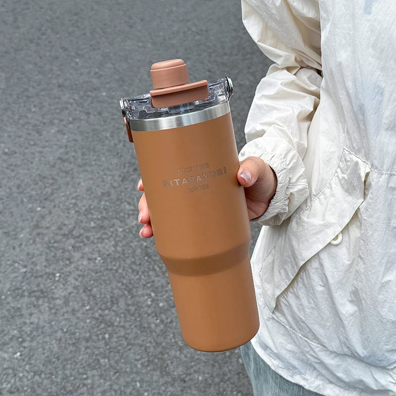 1pc Magnetic Suction Lid Double-layer Vacuum Insulated Water Bottle 600ml/900ml Wide Handle Portable  Outdoorulation Drinkware