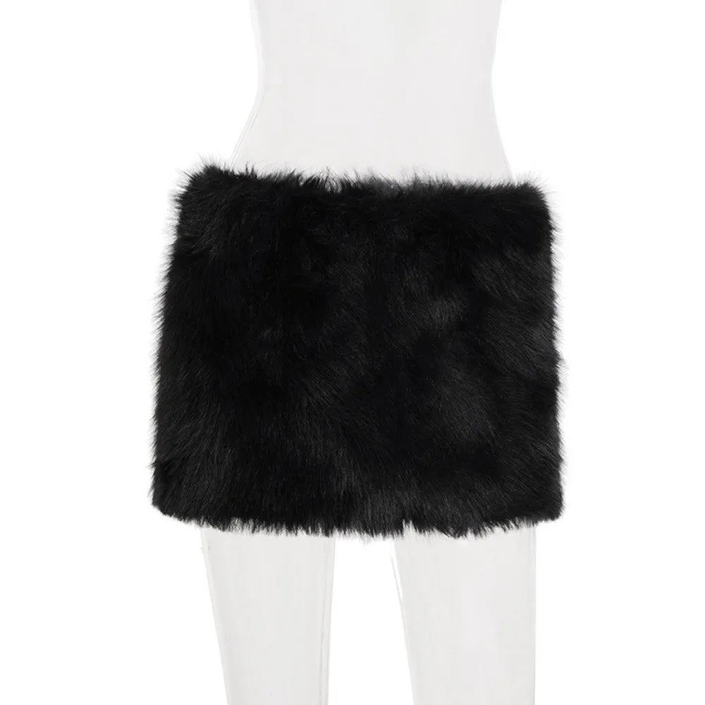 Fashion Luxury Hip Skirt Artificial Fur Low Rise Mini Skirt Furry Vintage Pencil Skirt for Women