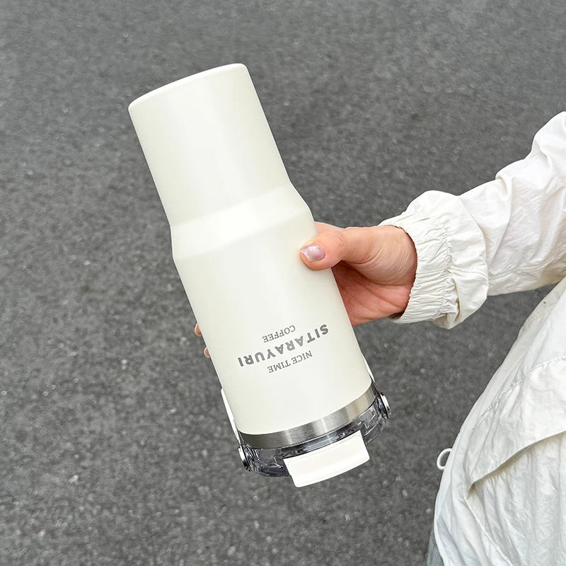 1pc Magnetic Suction Lid Double-layer Vacuum Insulated Water Bottle 600ml/900ml Wide Handle Portable  Outdoorulation Drinkware