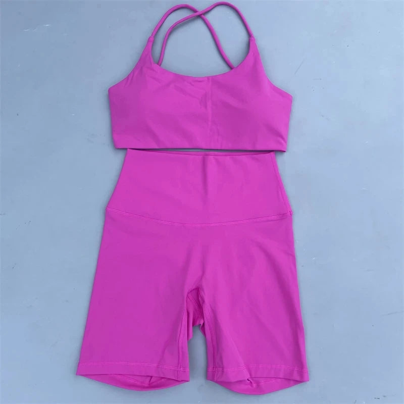 Solid Color Soft Gym Yoga Set Short Legging +Cross Back Sport Bra Tracksuit Women Gym Suit Comprehensive Training Jog Athletic
