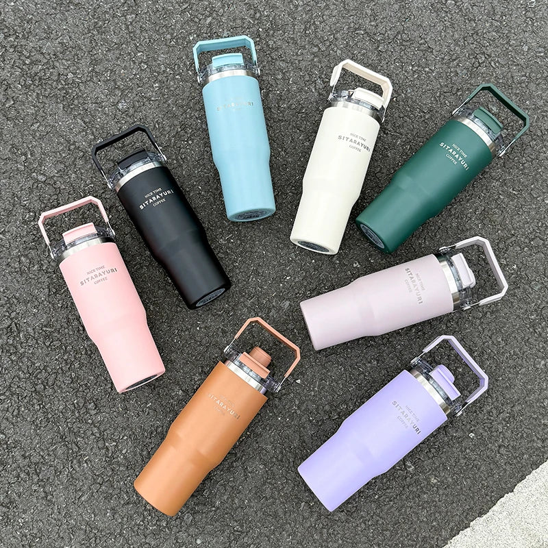 1pc Magnetic Suction Lid Double-layer Vacuum Insulated Water Bottle 600ml/900ml Wide Handle Portable  Outdoorulation Drinkware