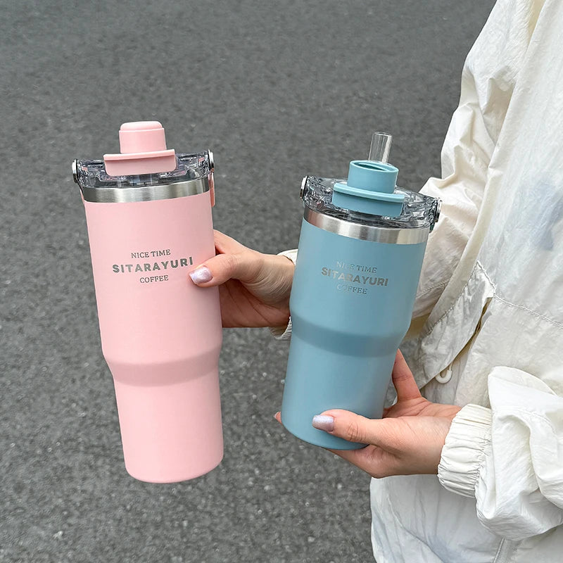 1pc Magnetic Suction Lid Double-layer Vacuum Insulated Water Bottle 600ml/900ml Wide Handle Portable  Outdoorulation Drinkware