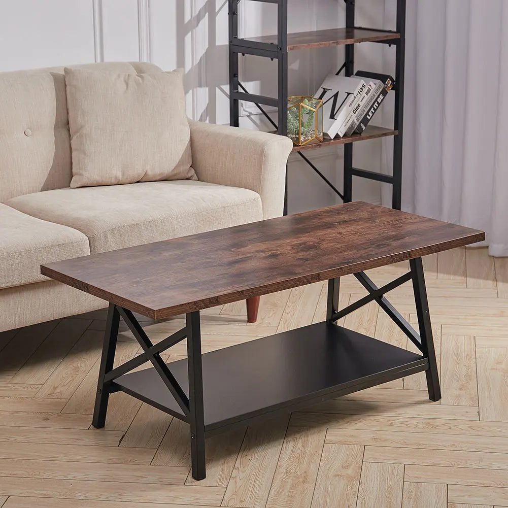 【Breeins】2 Tier Industrial Style Coffee Table with Storage Shelf Rustic Wood with Metal Legs