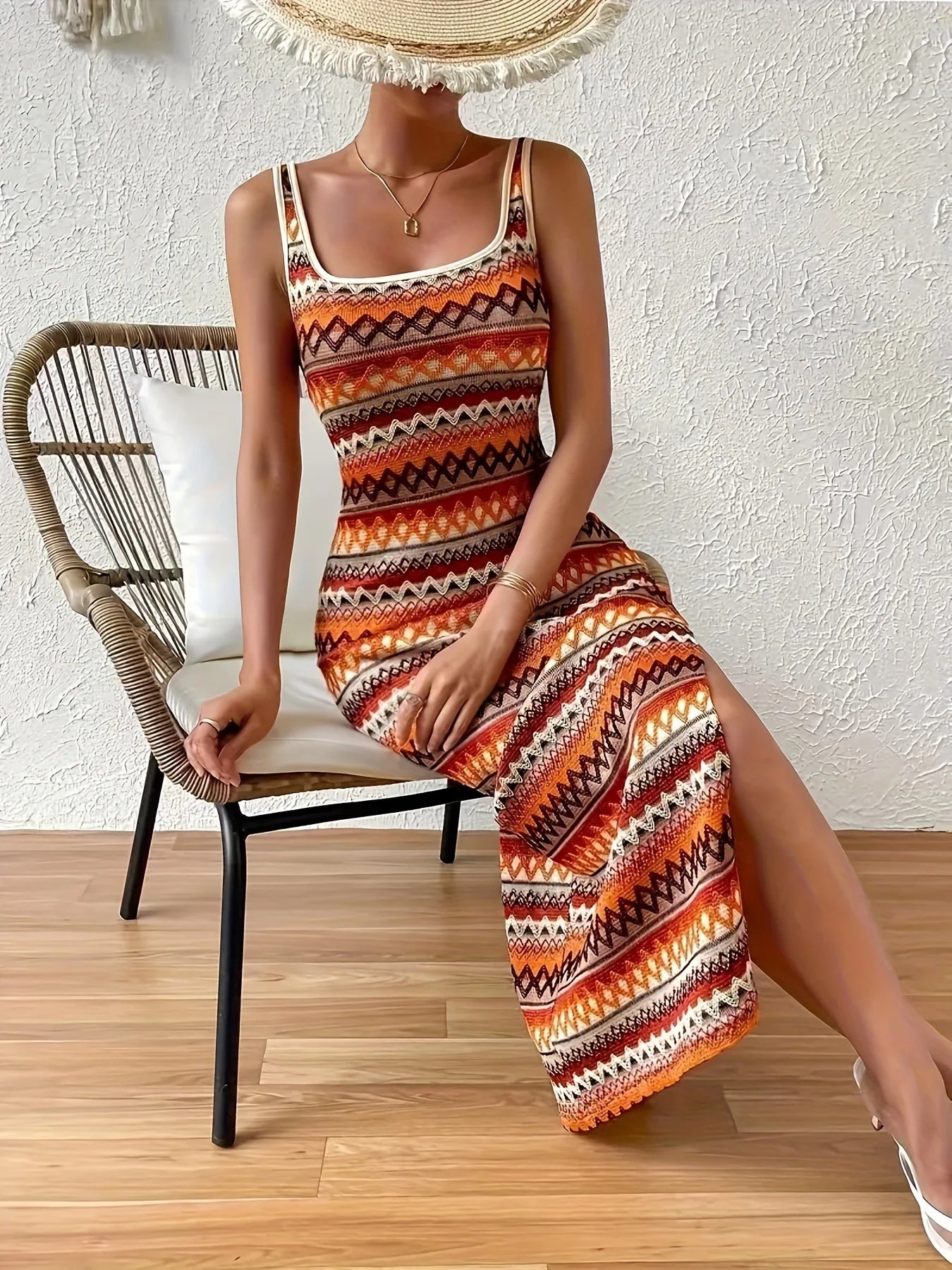 Geometric pattern tassel fashion simple dress elegant sleeveless slim dress spring and summer women