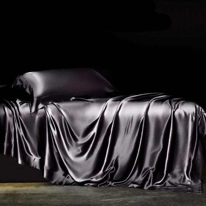 Solid 4pcs Silk Bedding Set with Duvet Cover Fitted/Flat Bed Sheet Pillowcase Bedspreads and Coverlets  Single Double Bedsheet